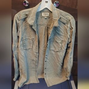Olive Green Distressed Express Button Up Long Sleeve Pocket Shirt- size M
